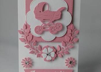 ZAPROSZENIA CHRZEST ŚWIĘTY WÓZEK W SERWETCE LIŚCIE C6 RÓŻ - BIEL