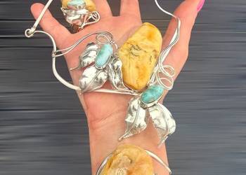 Artystyczny komplet srebro 925 bursztyn bałtycki larimar rękodzieło