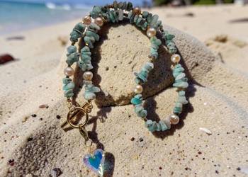 Naszyjnik z kamienia naturalnego Larimar, perły.