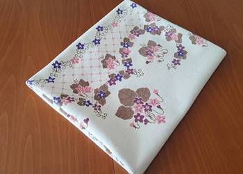 Obrus lniany biały w fioletowe kwiaty, 144 x 140, do sprzedania