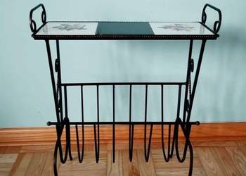 Antyczny stolik/gazetownik z Francji (lata 20) – kuty metal z ceramiką