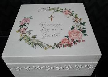 Szkatułka komunijna róże rustykalne z życzeniami