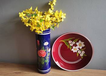 Stary wazon i patera w kwiaty, kolorowa emalia PRL