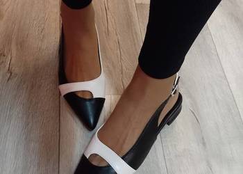 (39/40) Biało - czarne niskie czółenka wieczorowe z odkrytą piętą NOWE