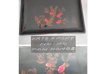 Artex Port Hanoi tacka patera talerz czarna laka złote rybki wietnamska