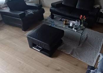 Okazja zestaw Kler sofa fotel pufa skóra naturalna czarna