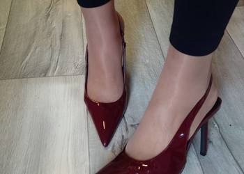 (39) Bordowe/ Burgundowe czółenka wieczorowe z odkrytą piętą, NOWE