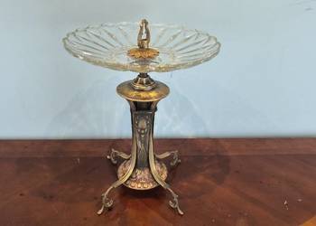 Piękna mosiężna patera z kryształowym szkłem