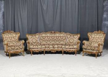 Barokowy komplet wypoczynkowy: sofa czteroosobowa + 2 fotele, orzech
