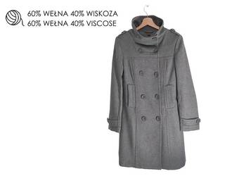 Szary dwurzędowy wełniany płaszcz damski jesienny zimowy z pagonami H&M 36