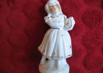 Dziewczynka z lirą_ biała, złocona porcelana - 10 x 5 cm
