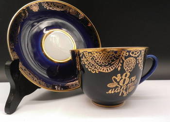 ŁOMONOSOW - KOBALTOWA FILIŻANKA ZE SPODKIEM