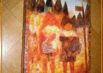 Obrazek na desce - Powrót ze szkoły/ obrazek/ decoupage/ Makowski