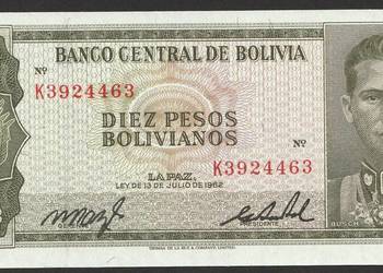 BOLIWIA 10 PESOS BOLIVIANOS 1962 - STAN BANKOWY UNC