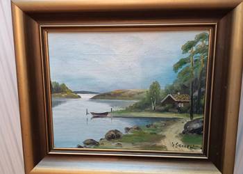 Stary oprawiony obraz na dykcie ,, Przystań