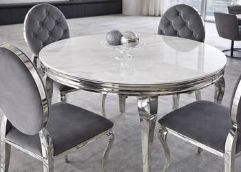 Stół srebrny okrągły Glamour Nowojorski Milagros z białym blatem o wzorze…