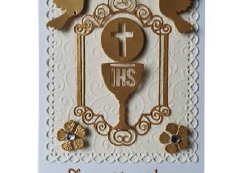 Zaproszenia Komunia Uniwersalne Kielich Z Hostią Ramka Gołębie – B6 – Złoto