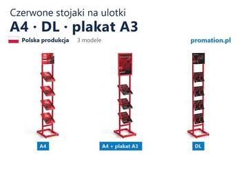 Czerwone stojaki na ulotki A4 i DL oraz z plakatem A3 – 3 modele