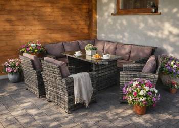 Meble ogrodowe, 9 -10 osobowe szare TECHNORATTAN narożnik fotele stół