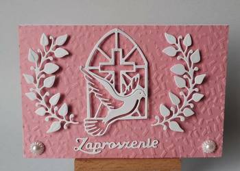 Zaproszenia Komunia Dziewczynka Gołąb W Oknie – C6 – Róż - Biel