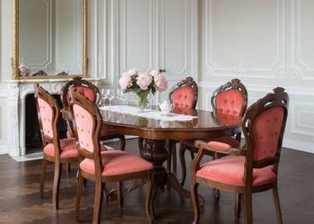 Włoski KOMPLET do JADALNI SALONU Orzech STÓŁ FOTELE Krzesła PIKOWANE Plusz