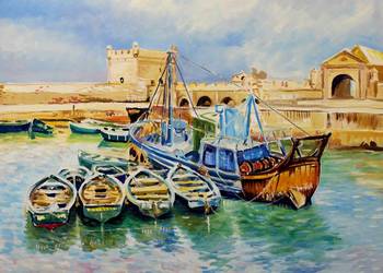 Pejzaż z łódkami, olej, płótno 100x80