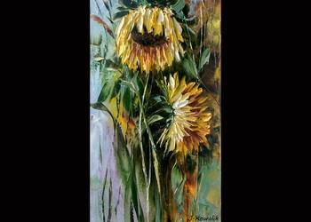 Kowalik - Słoneczniki III - 30x60cm Obraz Olejny Kwiaty Bukiet Łąka