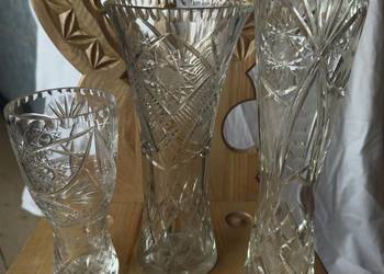 Kryształowe Wazony Duże, 3 sztuki PRL, pięknie zdobione