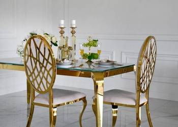 Designerski Stół do Jadalni ELITE Szklany Blat Stalowy Złoty Glamour