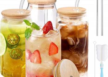 Szklane kubki z pokrywkami 4 szt.473 ml, Brak słomek w zestawie Czytaj Opis