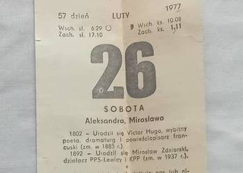 Kartka ze starego kalendarza ściennego - zdzieraka, 26 luty 1977 r.