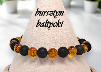 Bransoletka z bursztynu, bursztyn bałtycki kulka koniak czarny matowy #790