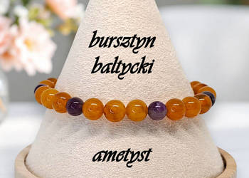 Bransoletka z bursztynu, BURSZTYN bałtycki, AMETYST, kulki #827