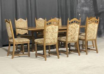 Dębowy komplet do jadalni: rozkładany stół + 8 krzeseł