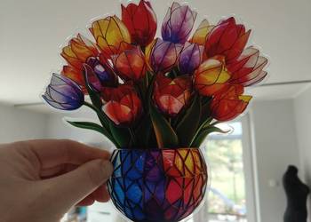 Nowy witraż witrażyk dekoracja okienna łapacz słońca kwiaty tulipany