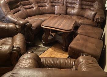 Zestaw Kler drewno dąb skóra Dębowo skórzany Komplet wypoczynkowy do salonu