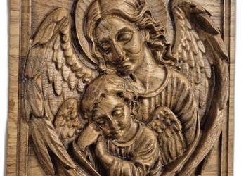 Płaskorzeźba z drewna – Anioły, ochrona i spokój, PREZENT