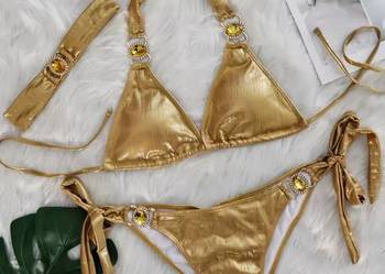 Bikini strój kąpielowy złoty 3 częściowy cyrkonie kamienie kryształki