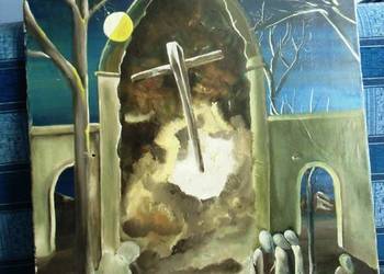 Stary duży obraz olejny na płótnie "Przepowiednia" 60x80 cm