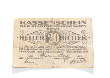 Stary banknot bon Heller 20 Austria Wiedeń 1919
