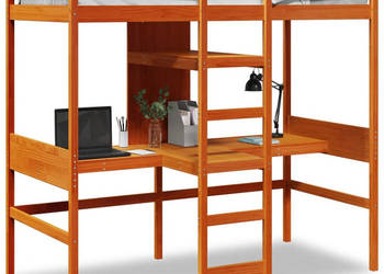 Łóżko na antresoli z biurkiem i półkami brąz sosna 90x200cm WM-3308543