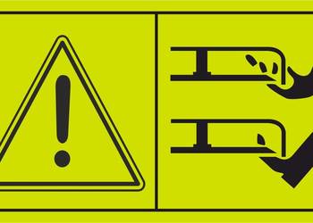 Naklejka BHP do traktorków kosiarek Uwaga przyrząd tnący ostrzegawcza żółta