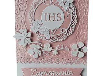 Zaproszenia Komunia Dziewczynka Ihs Z Winogronem W Okręgu – B6 – Róż – Biel