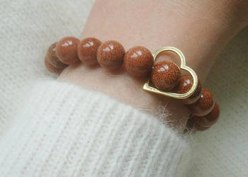 Bransoletka damska z Piasku pustyni 10mm z sercem, brązowa, złota