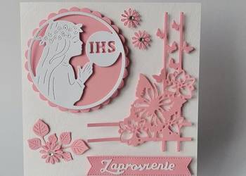 ZAPROSZENIA KOMUNIA DZIEWCZYNKA Z HOSTIĄ K4 RÓŻ - BIEL