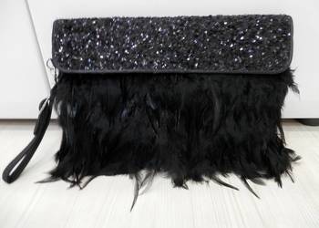 Torebka z Piórami Kopertówka Balowa Imprezowa Wieczorowa Czarna do Ręki