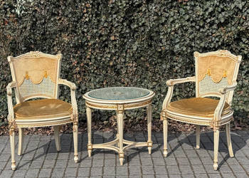 -ARTexpert- Pałącowy komplet mebli 2 fotele +stolik kawowy ratan Ludwik XVI