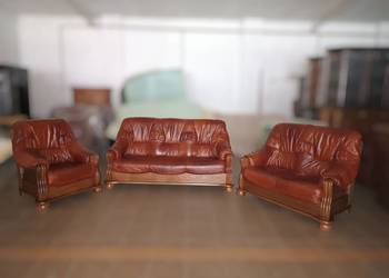 Nowy Komplet 3+2+1 Stylowy, SKÓRA NATURALNA + Dąb Rustikal = Producent PYKA