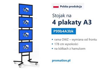 Mobilny czarny stojak na 4 plakaty A3 z ramami OWZ na kółkach do biura