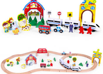 Drewniana kolejka tor pociąg na baterie Farma 53 elementy ECOTOYS